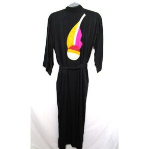 VTG 80s Saks Fifth Avenue Black Silk Abstract Back Design Long Robe Women Sz S
